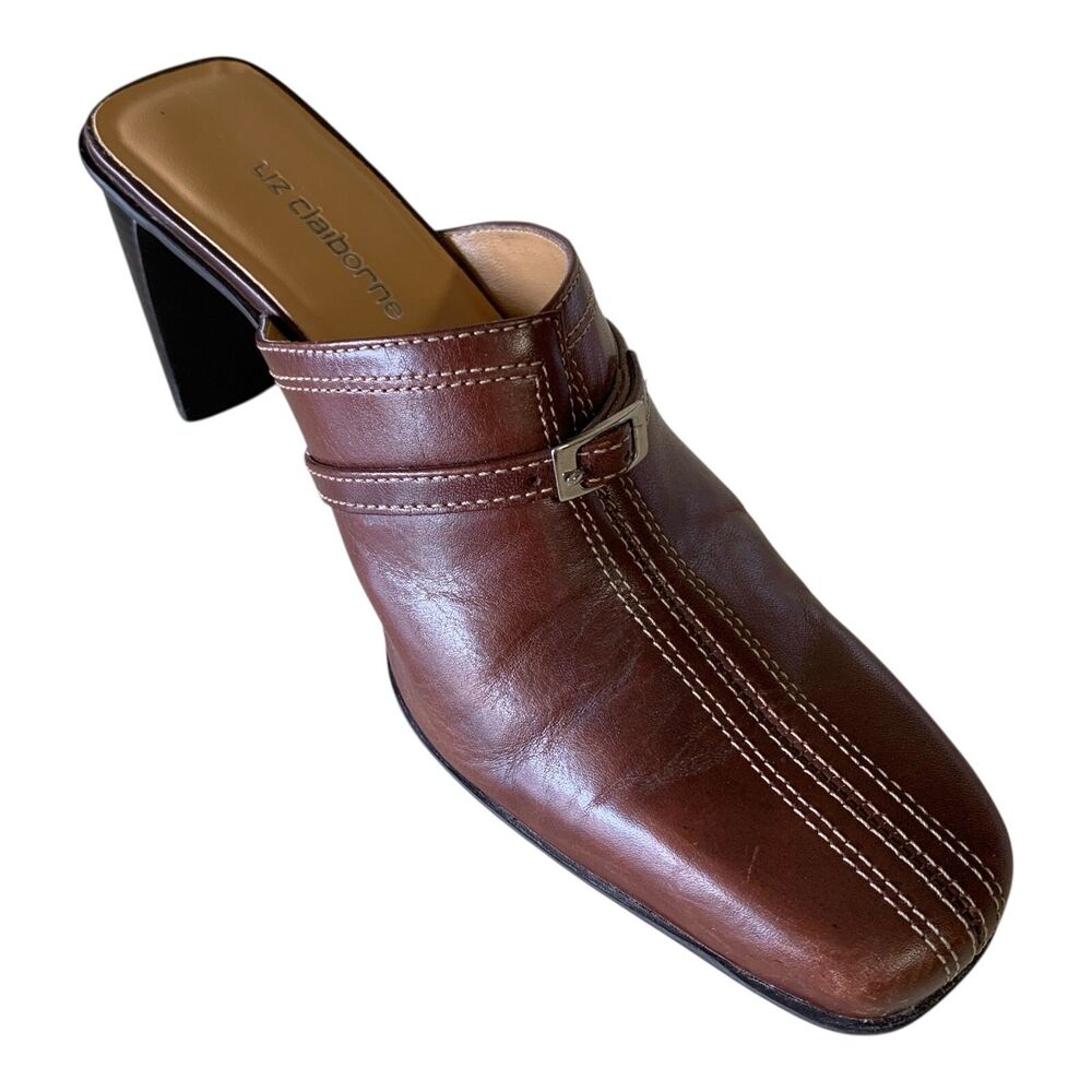 Liz Claiborne Slip On Mules 6.5 Brown Leather Slides Block Heel Rich Mom Office